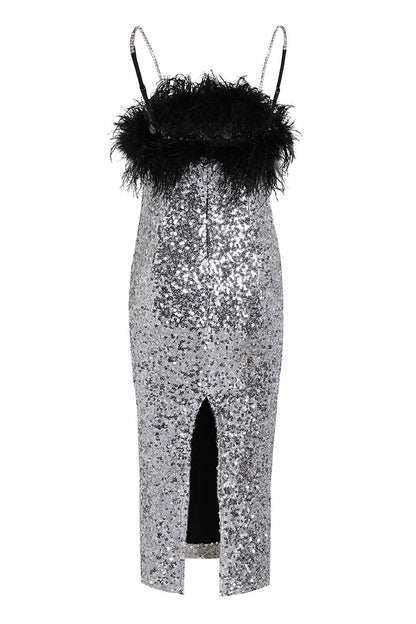 Sparkly Sequin Feather Trim Rhinestone Strap Split Cocktail Midi Dress