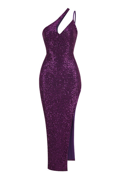 Sparkly Sequin One Shoulder Cutout High Split Sleeveless Evening Maxi Dress