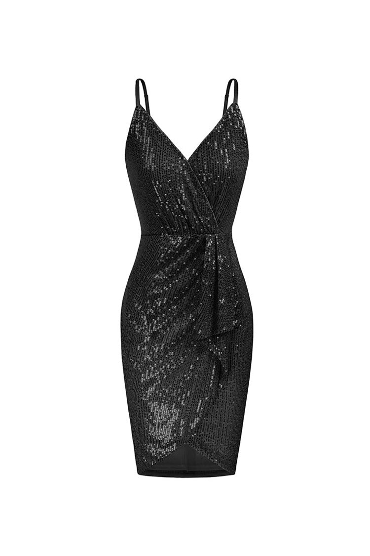 Sparkly Sequin V Neck Spaghetti Strap Ruffle Bodycon Party Mini Dress