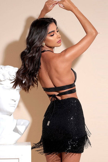 Sparkly Sequin Wrap Halter Top High Waist Fringe Mini Two Piece Dress - Black