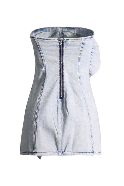 Striking Big Rosette Ruffled Trim Strapless Bodycon Mini Denim Dress