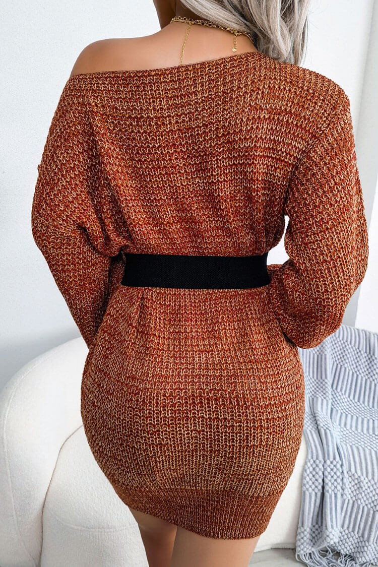 Vintage Boat Neck Long Sleeve Marled Knit Sweater Mini Dress - Coffee