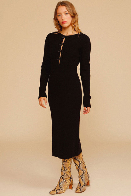 Vintage Cutout Long Sleeve Winter Pullover Sweater Midi Dress - Black