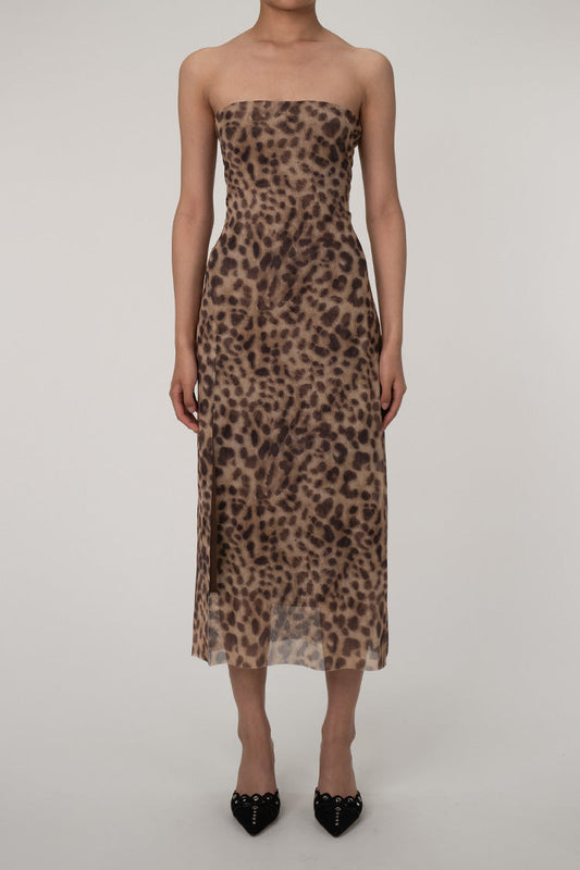 Vintage Leopard Print Strapless Split Sheath Mesh Cocktail Party Midi Dress