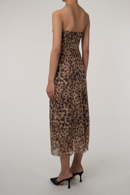 Vintage Leopard Print Strapless Split Sheath Mesh Cocktail Party Midi Dress