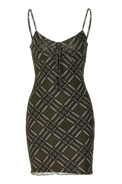 Vintage Plaid Bow Tie V Neck Summer Sleeveless Mesh Party Mini Dress - Army Green