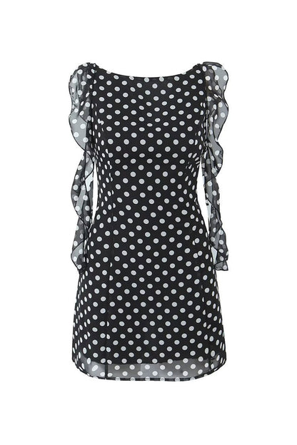 Vintage Polka Dot Crew Neck Draped Ruffle Backless Chiffon Mini Sundress